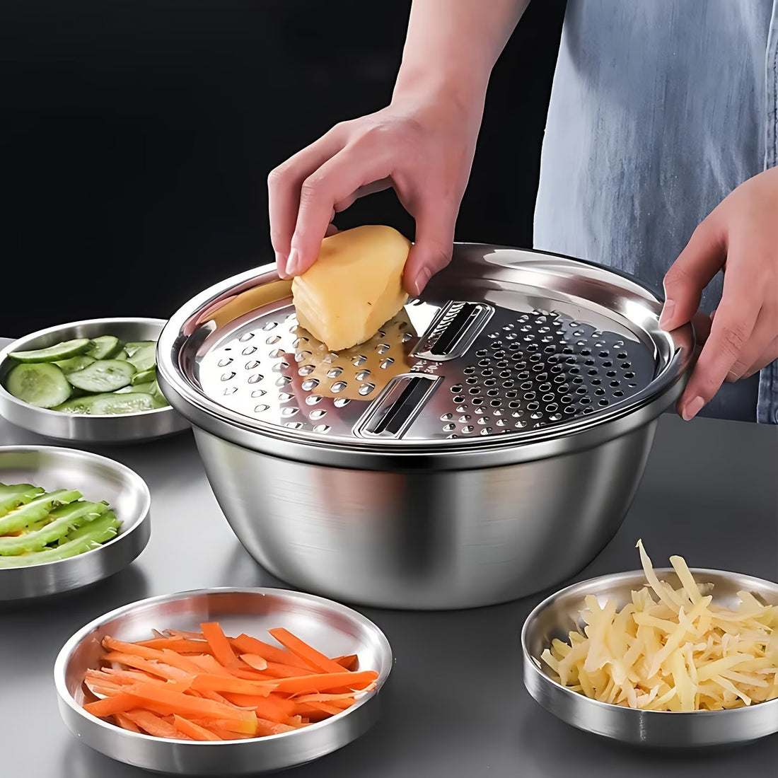 All-in-1 Steel Prep & Drain Kitchen Bowl Set